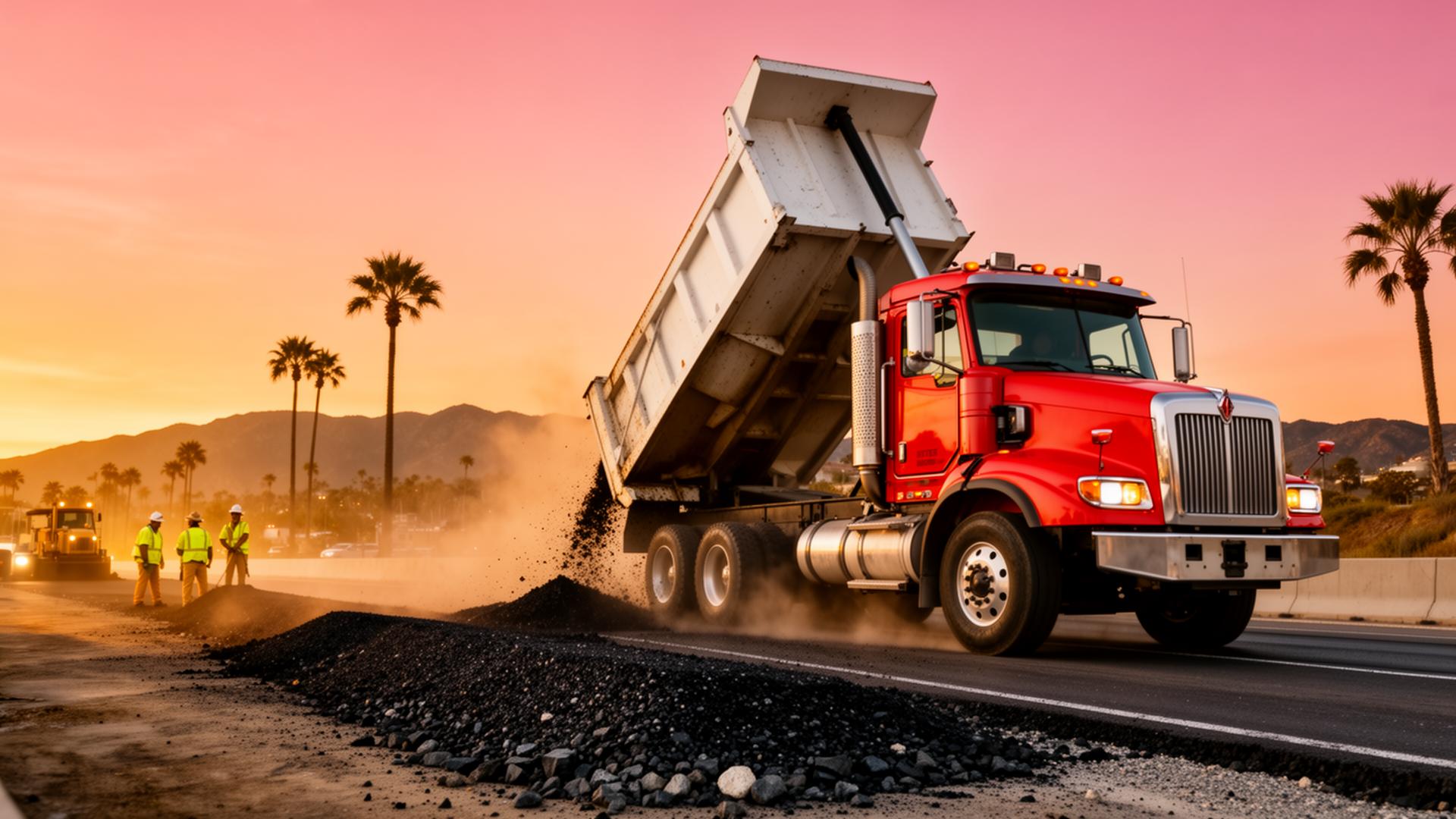 Carvel Services red dump truck unloading at a San Diego jobsite at golden hour